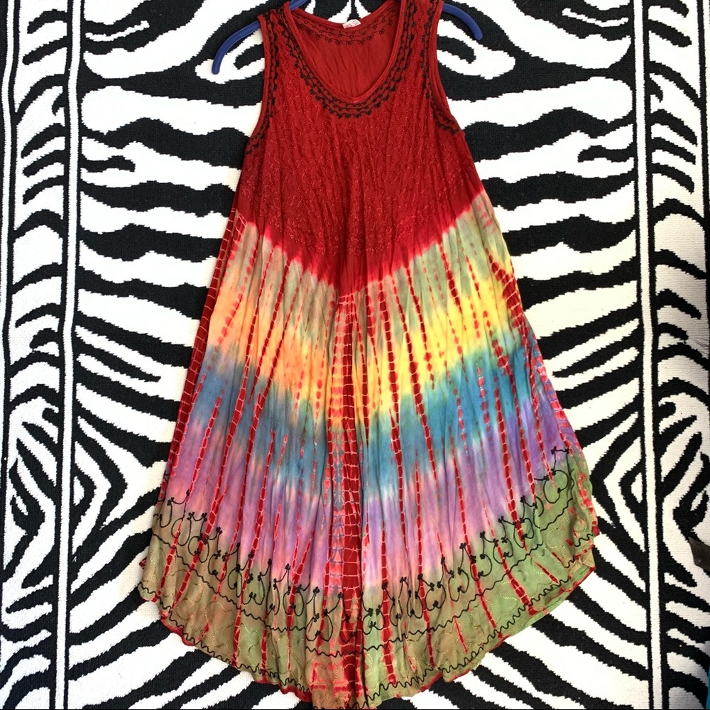 Boho Tie Dye Embroidered Rainbow Sleeveless Tent Dress Free Size Large